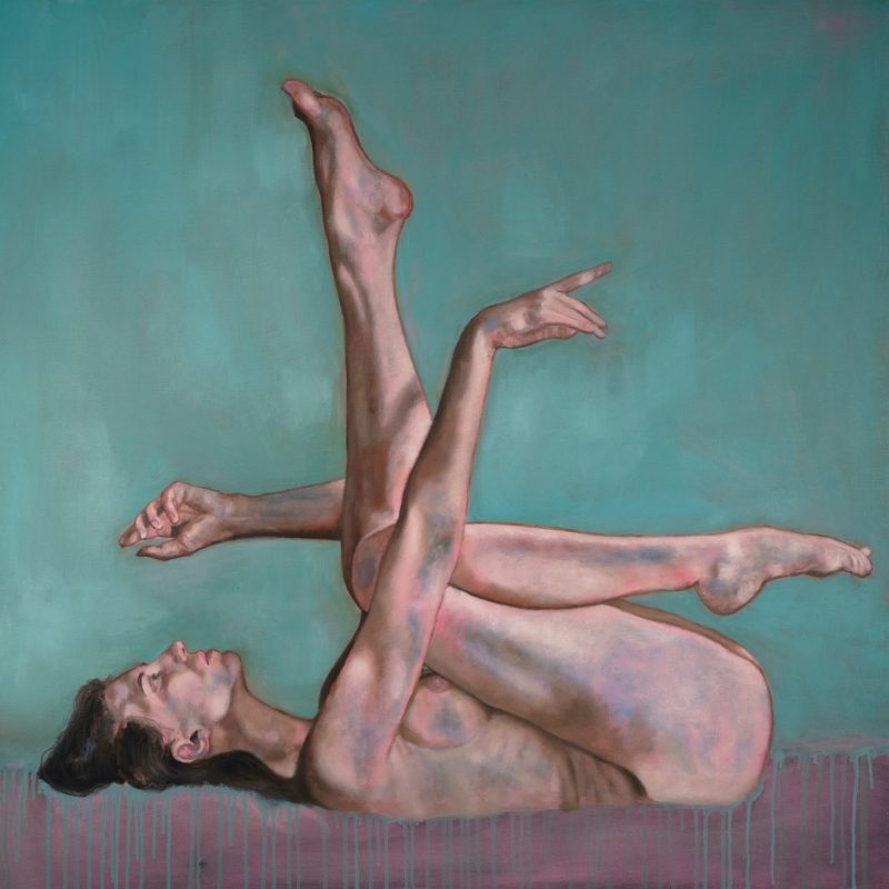 Figurative painting of a woman lying down with turquoise background