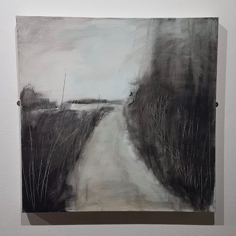 Monochrome painting of a simple landscape with a path running through the centre
