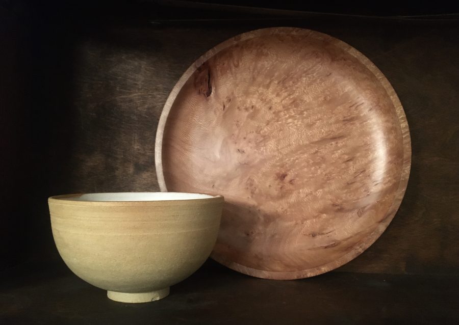 Lacewood platter with ceramic bowl