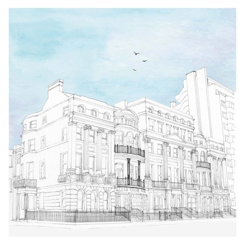 Print of 1-6 Brunswick Terrace taken from original ink drawing of the buildings with watercolour skies. 
