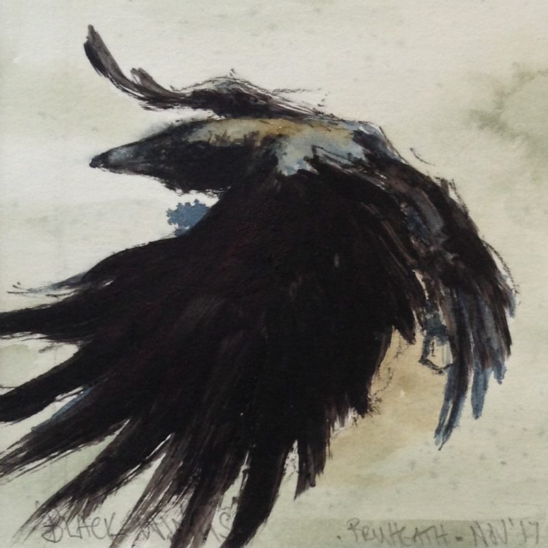 Painting of a crow in flight