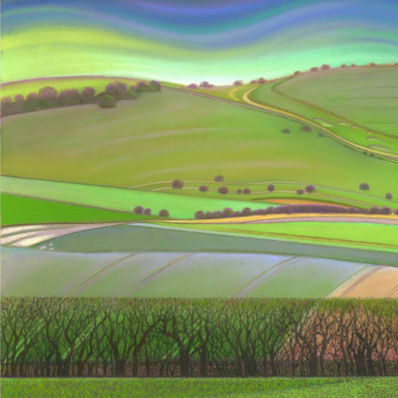 A pastel drawing of rolling South Downs hills rendered in lush greens