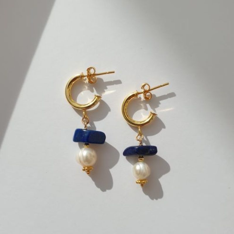 Freshwater pearls and blue stone drop earrings