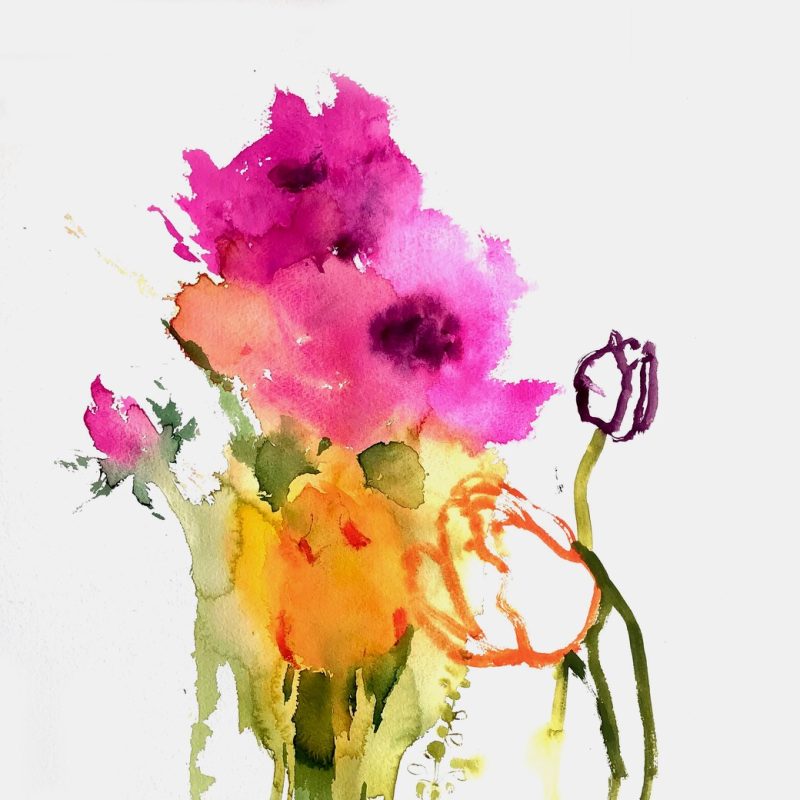 A  vibrant loose floral watercolour of yellow tulips and pink anemones