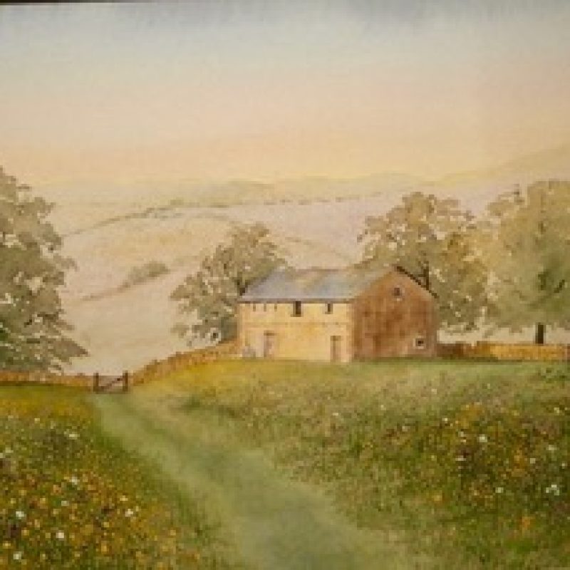 Yorkshire stone cottage and trees in mid ground with fields and dales in foreground and background. Watercolours in greens and subtle pinks, fawns and blues