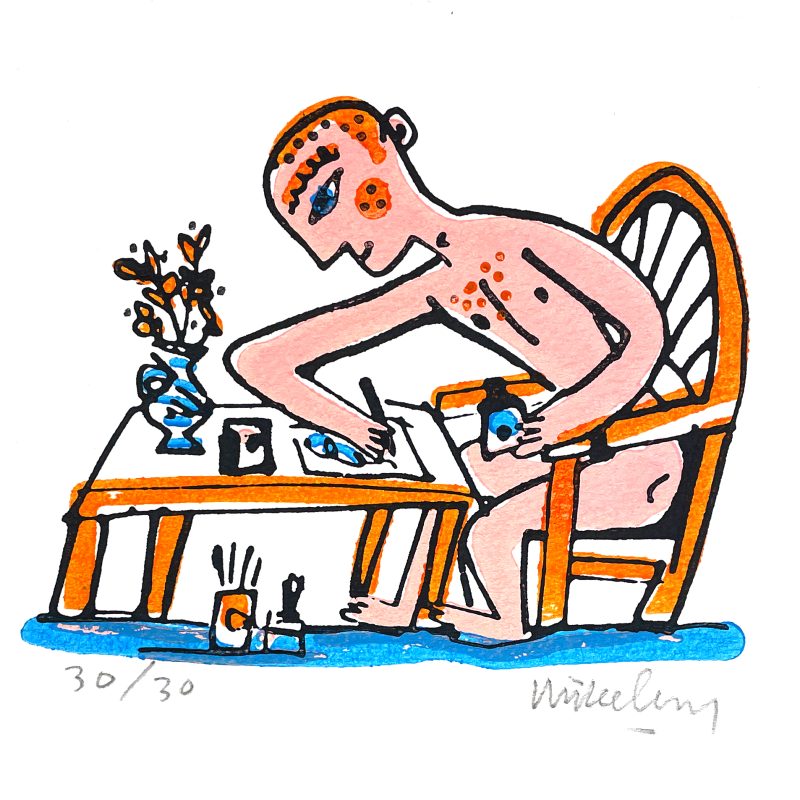 Print in 4 colours with naked ginger-haired man sitting at a table drawing flowers.