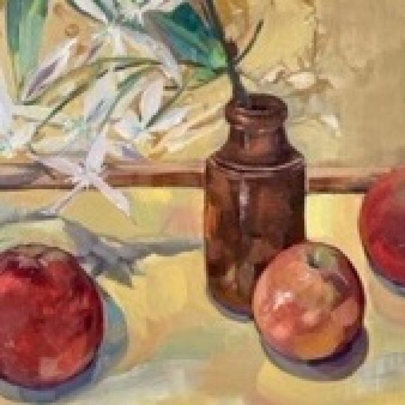 Still life of orange and red fruits and brown ceramic vase with flower. Yellow background.