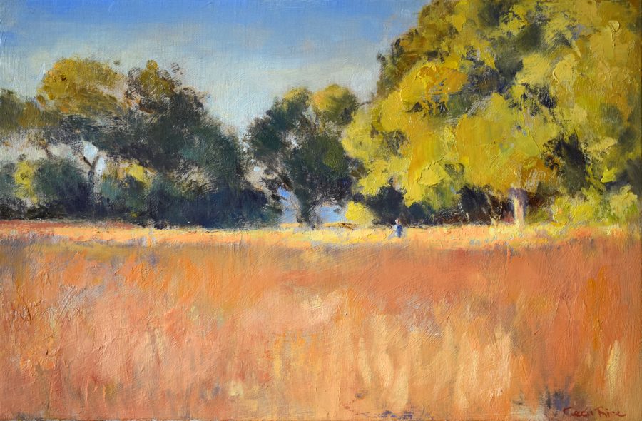 Oil painting of a field in summer, August, with trees