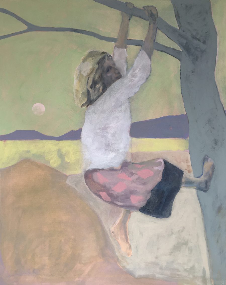 Figurative painting of a woman climbing a tree in the fields of Sussex