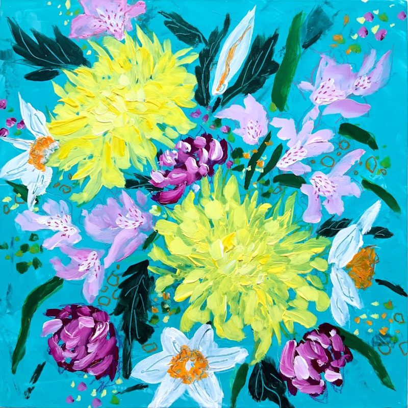 Bright, colourful, expressive painting of flowers on aqua background