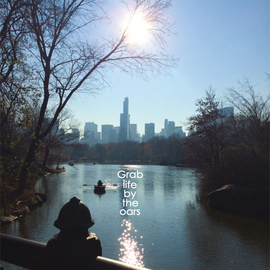 Look over the railing as the sun glistens through the trees onto a small rowing boat in the lake in Central Park. Sunshine and the New York skyline reflect into the water joined by the words 'Grab life by the oars'.