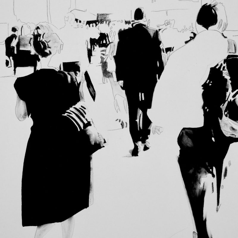 Crowd walking black and white