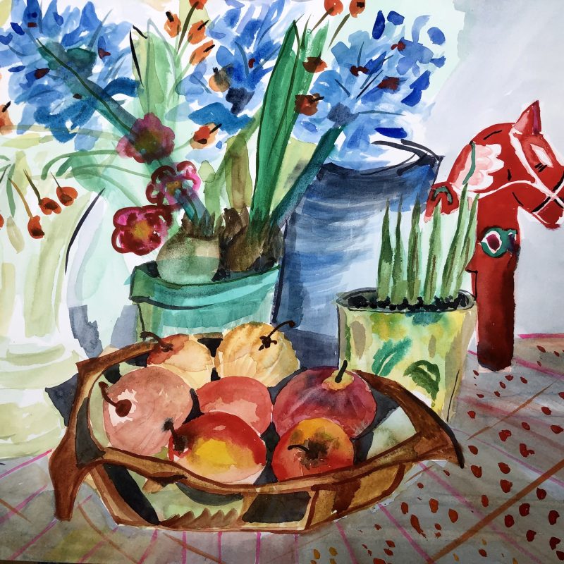 Vibrantly coloured still life of flowers and fruit with a Dala horse