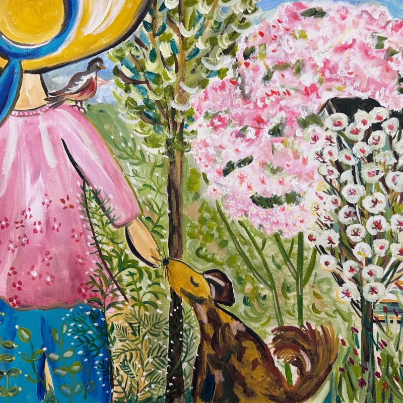 Vibrant colours of yellows, pinks, and greens, a young girl in a garden with her dog