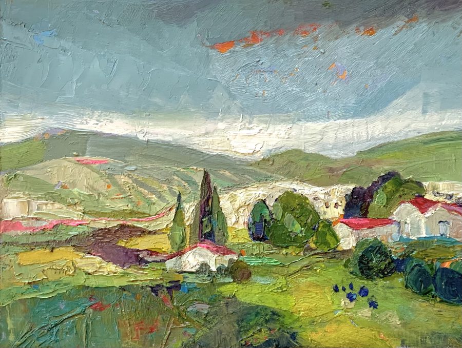 A thickly textured oil painting showing gently rolling green hills and patterned fields with occasional red roofed buildings appearing out of the trees.