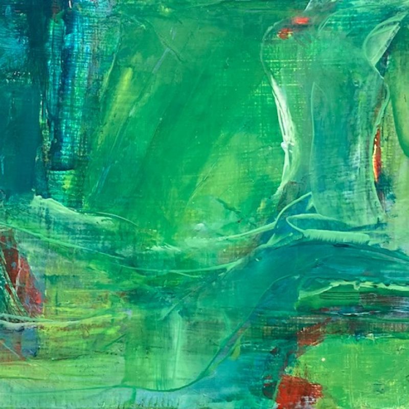 Bright green, small oil painting, red & yellow highlights, deeper blues on the edges. 