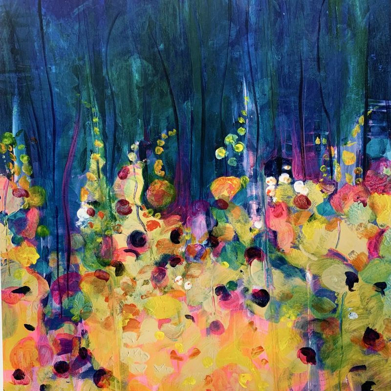 expressive colourful abstract indicating flowers like foxgloves in orange and blue