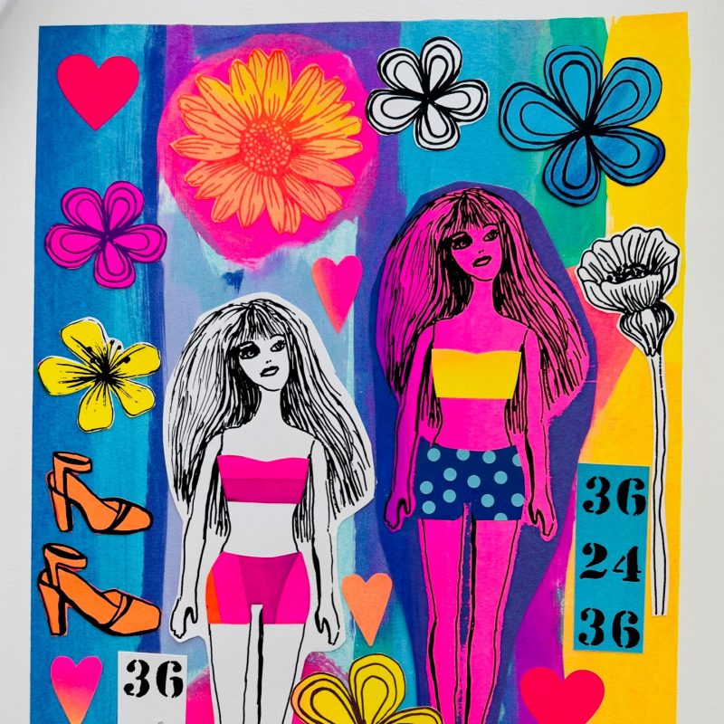 Screen print collage Two figures in the style of Barbie type dolls, stare up towards the right of the picture. Next to each doll there are the numbers 36,24,36. The background is a mixture of blues greens and yellow. The figures are surrounded with birds, flowers and hearts. 