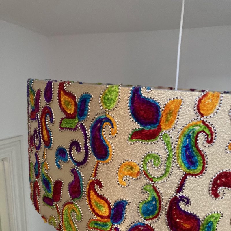 Handmade lampshades in various sizes, dazzling and exotic fabrics.