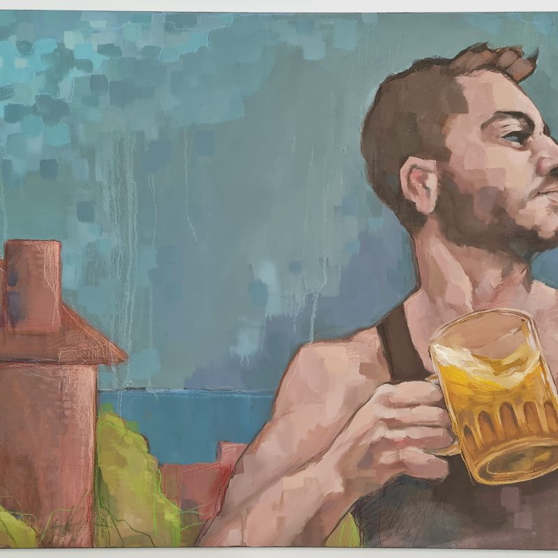 Oil painting of a man wearing a vest and drinking a pint of beer.