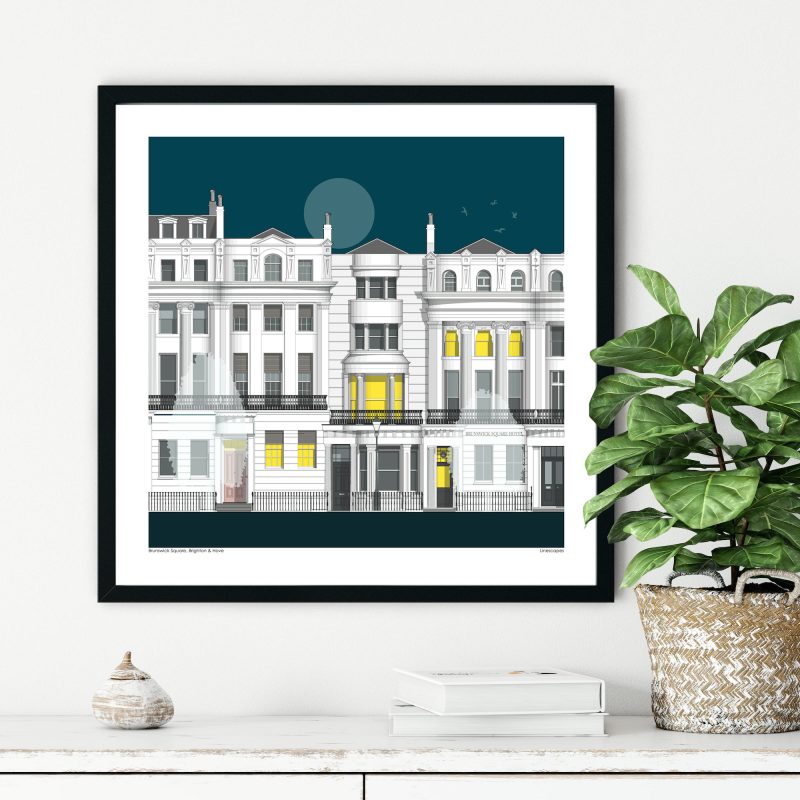 Open Edition Signed Giclee Print with image of Brunswick Square on a blue background
