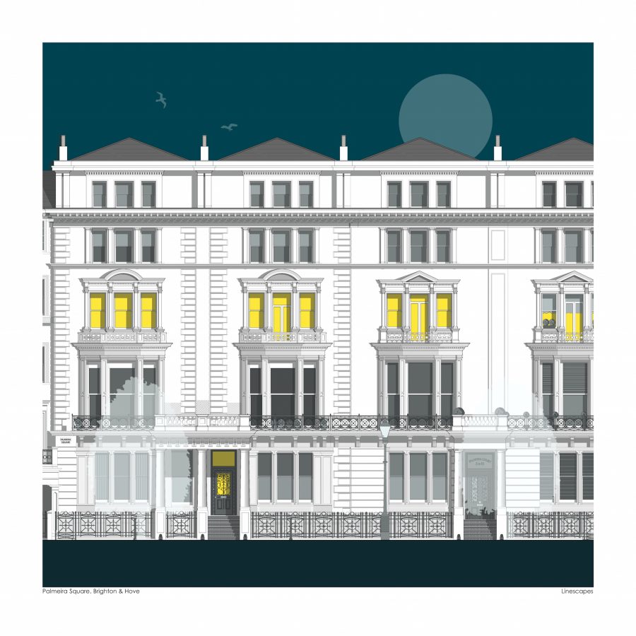 Detailed illustration of buildings in Palmeira Square, Hove. Giclee print, 30x30cm; printed on archival matte fine art paper
