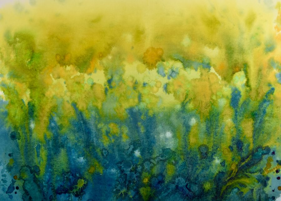 An abstract watercolour painting in the yellow, green and grey-green colours of lichen. lighter on top and darker grey-green in the bottom and the blooms of the watery paint echo the blooms of lichen.