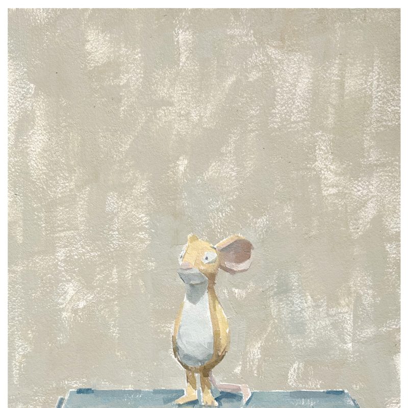 Still life painting of a toy mouse standing on a box