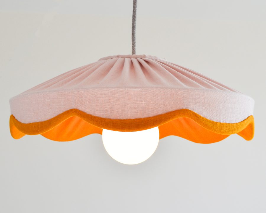 pink and mustard linen ceiling lampshade with scalloped edges