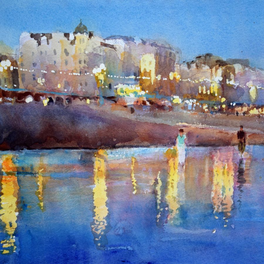 Watercolour of Brighton at night with street lights and wet sand
