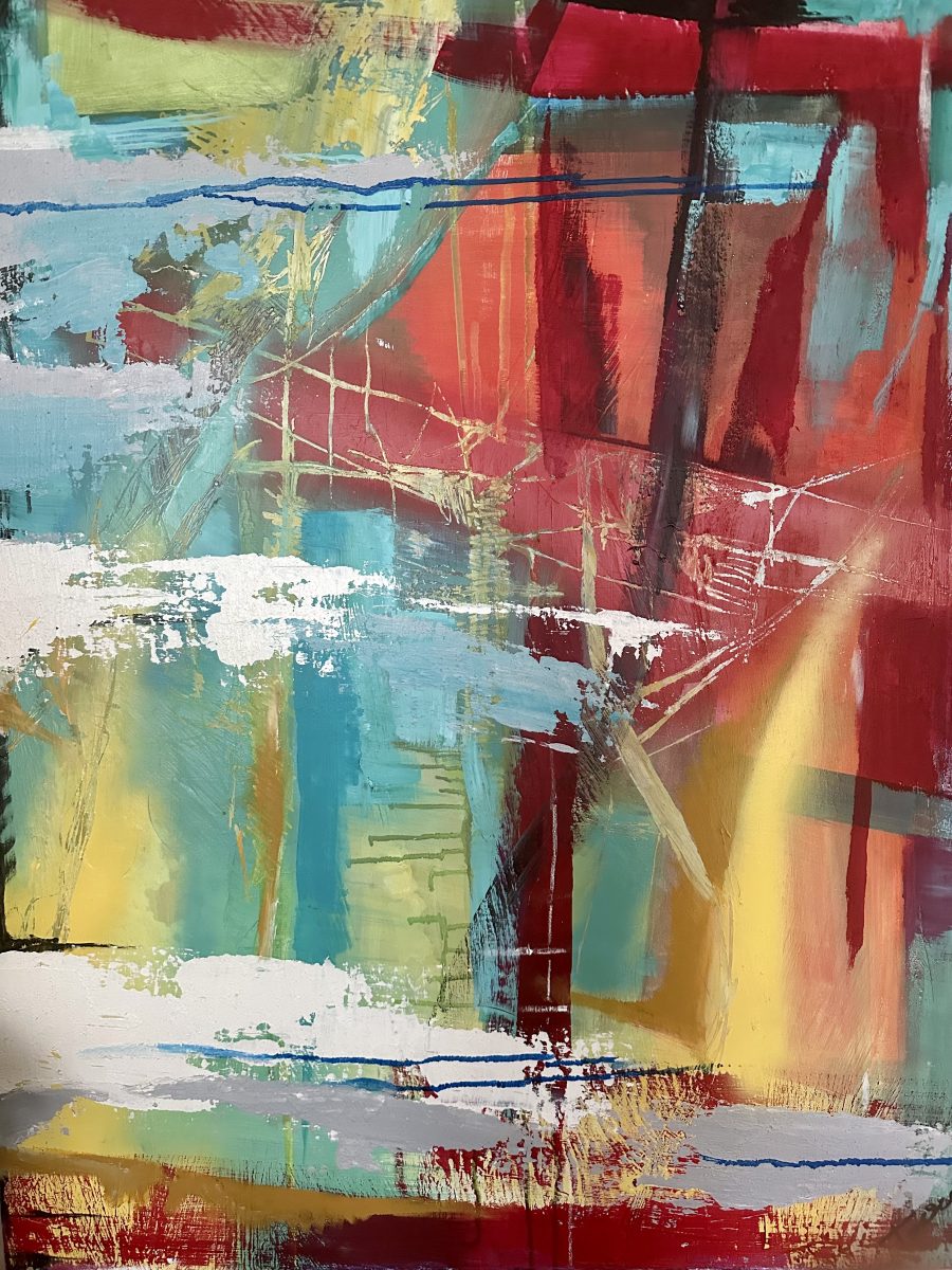 An abstract painting of blues, reds, yellows and white interacting in dynamic ways across the surface.