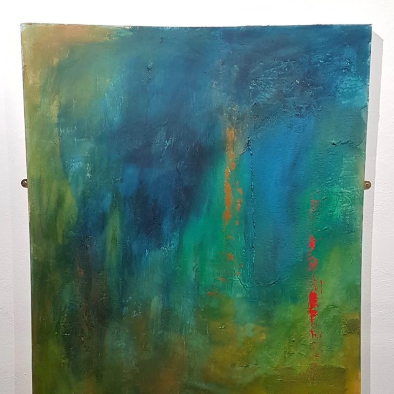 Colourful abstract painting with blue, green, yellow and red