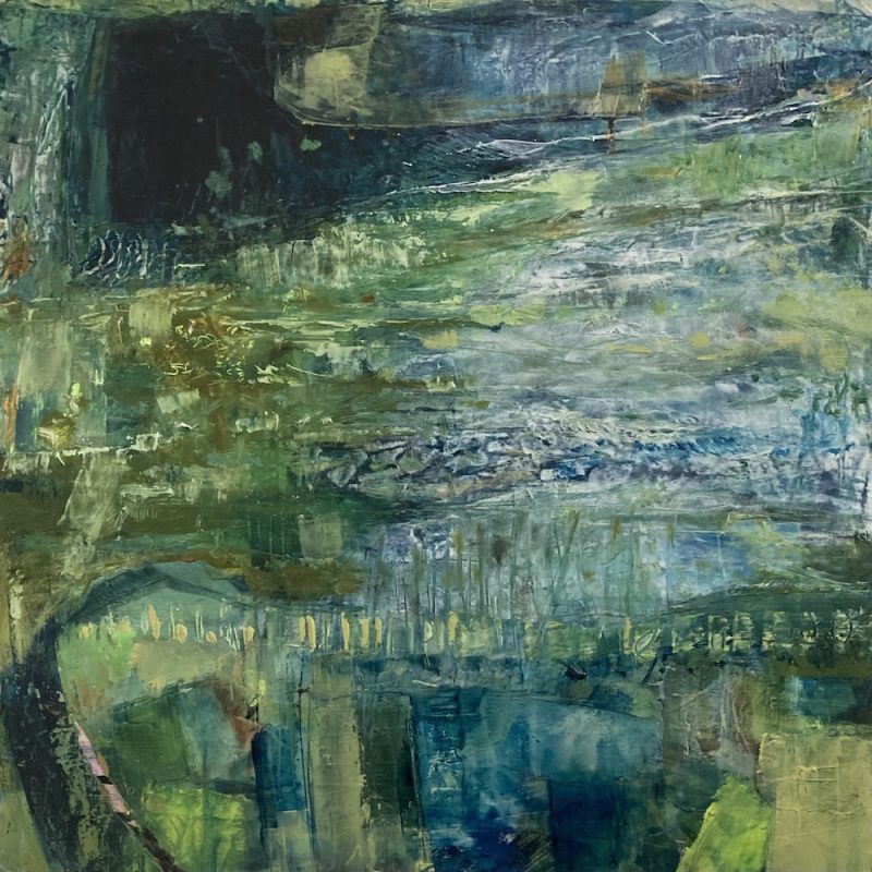 A pond showing different light falling across the water. Many colours and quite impressionistic painting in style