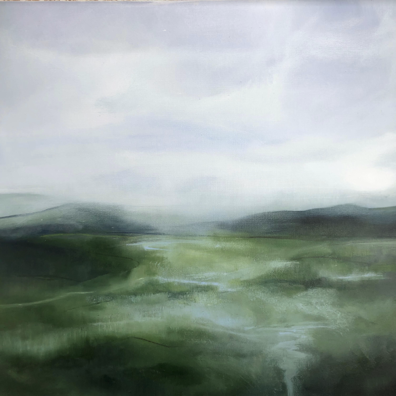 Landscape of soft blues and greens, inspired by the flax that grows in the South  Downs