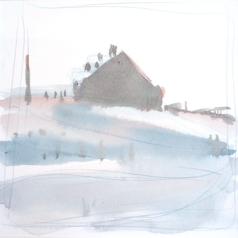Soft focus silhouette of a house on a hill. Painted in blue and red wash.