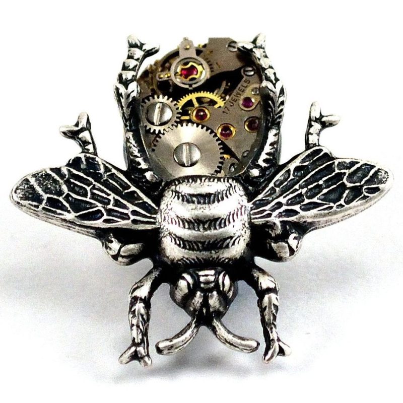 Antiqued silver bee brooch with watch body