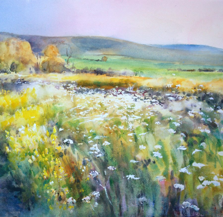 A summer landscape of Glynde, with flowers, in watercolour
