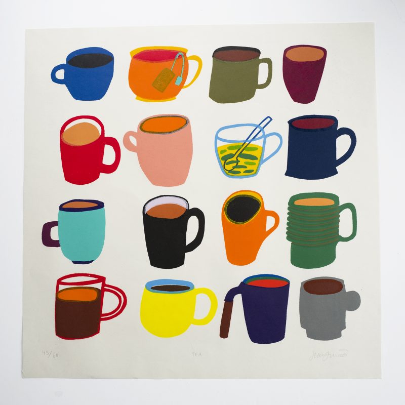 Tea and Coffee Cups of various colours and styles hand-drawn and brightly coloured