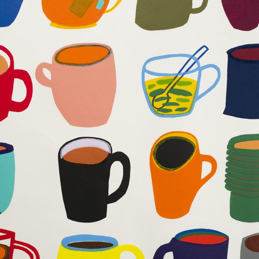 A linocut print of a grid of different bold, colourful cups of tea