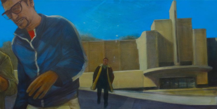 This is a painting of a man walking away from another man standing outside a cinema building on a sunny day with a very blue sky