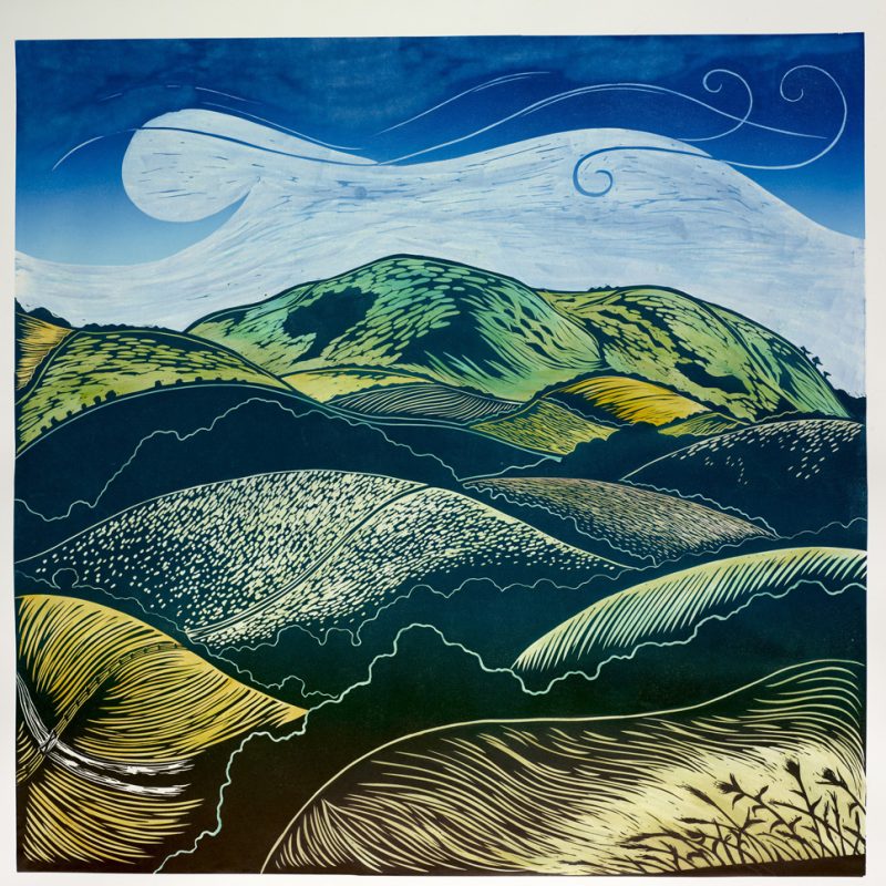 Linocut print of the South Downs