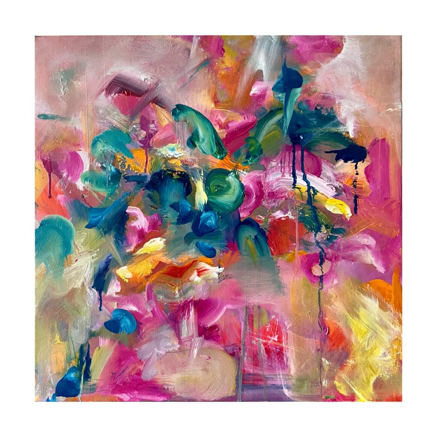 Hot pinks and yellows expressionist botanical inspired oil painting