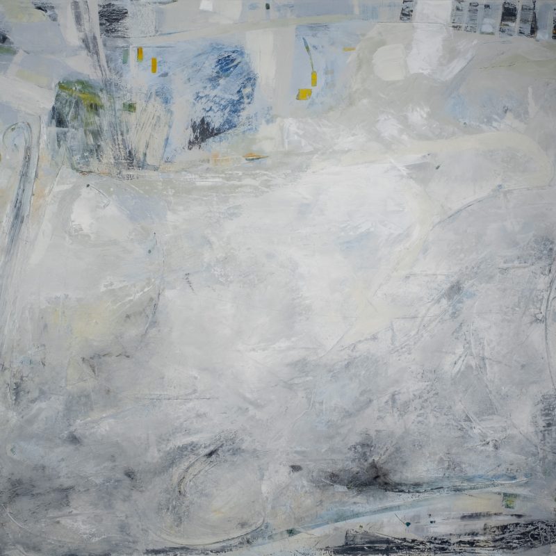 A large painting on canvas.  Pale in colour, with under painting in blues and greens.  Textures and mixture of whites depicts the movement of gushing water.