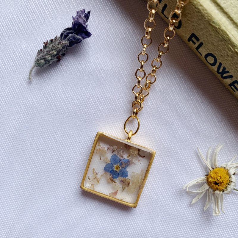 Forget me not pressed flower gold  necklace 