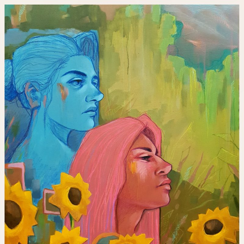 A colourful mixed media artwork of two women surrounded by sunflowers