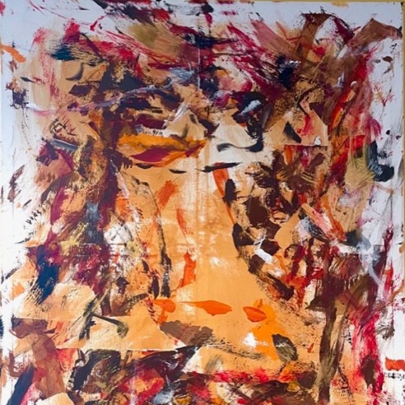 This painting is abstract and made up of various acrylic paint strokes; the bottom layer of paint is poking through where areas were blocked out during the painting process; the bottom layer is orange and takes up the majority of the canvas, and there are sparser markings on top in darker orange, red, brown, and black.