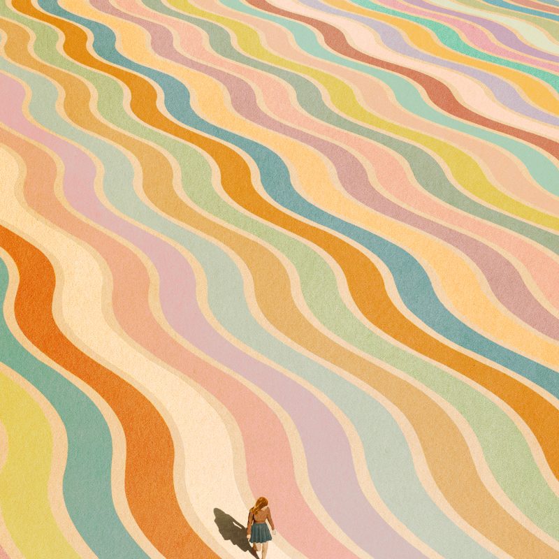 Collage with wavy lines in pathways in pastel colours with a figure