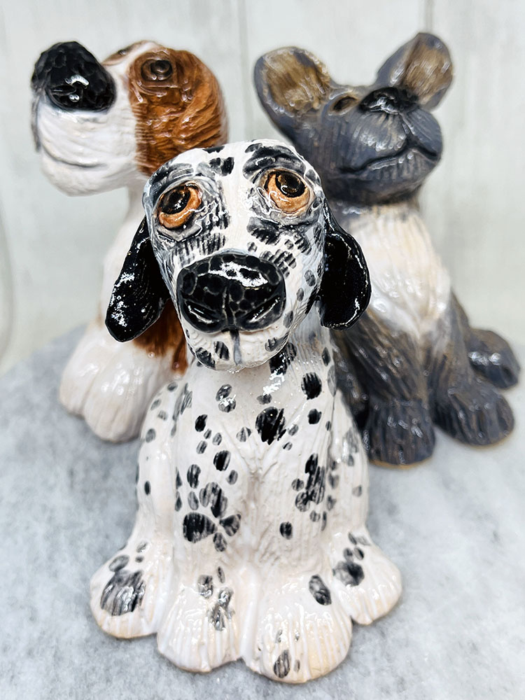 Three Ceramic Sculptures Of Dogs Looking Out Adoringly. Handmade In Saltdean In Woofing Fabulous Pottery.