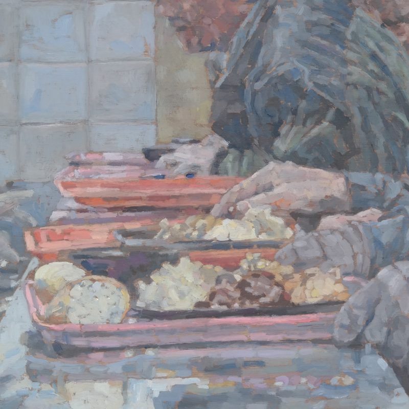 Oil painting of people queuing with food on plastic trays