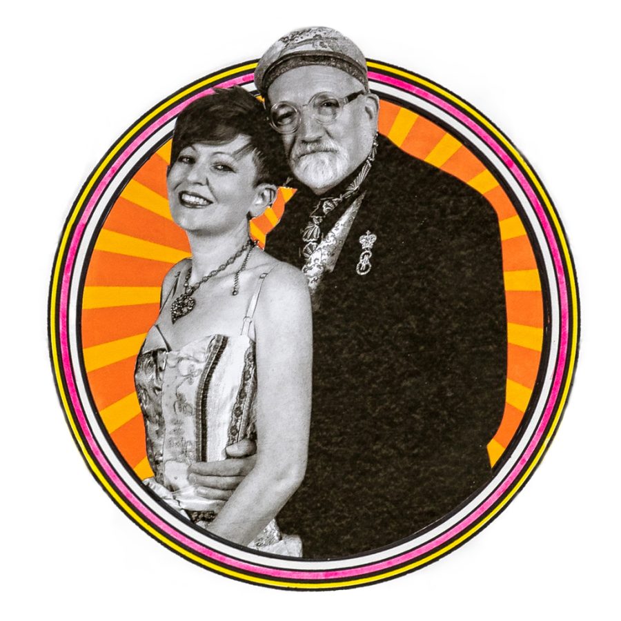 Formal black and white photo of Robert and Rachel inside concentric orange and yellow circles over a similarly coloured sunray background.
